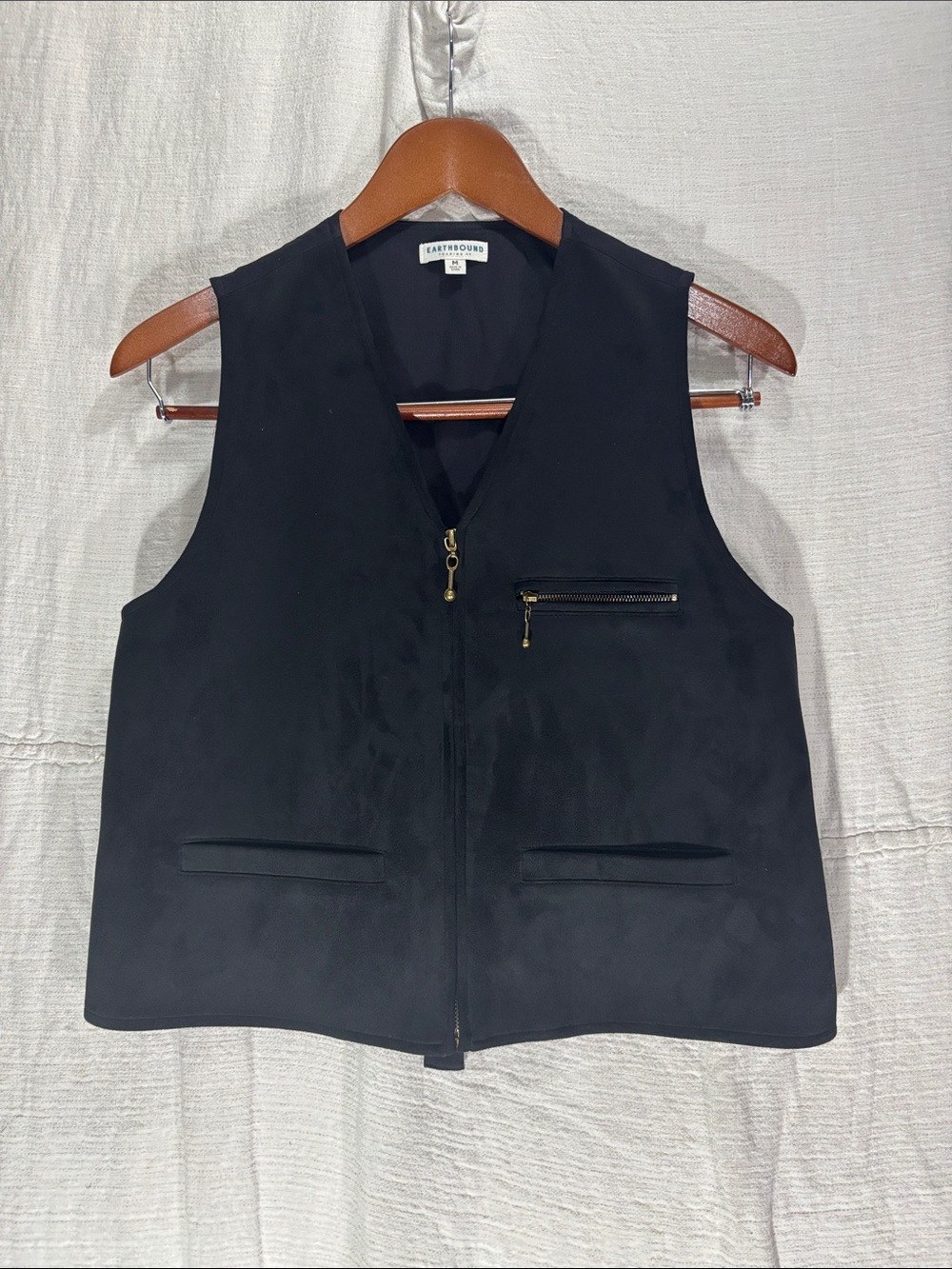 Earthbound Trading Co Black Faux Suede Full Zip Vest Size Medium Boho Moto EUC